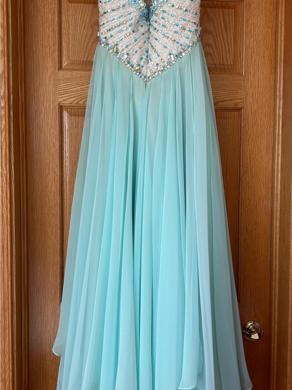 Oris Beaded Bodice Chiffon Prom Dress in Aqua